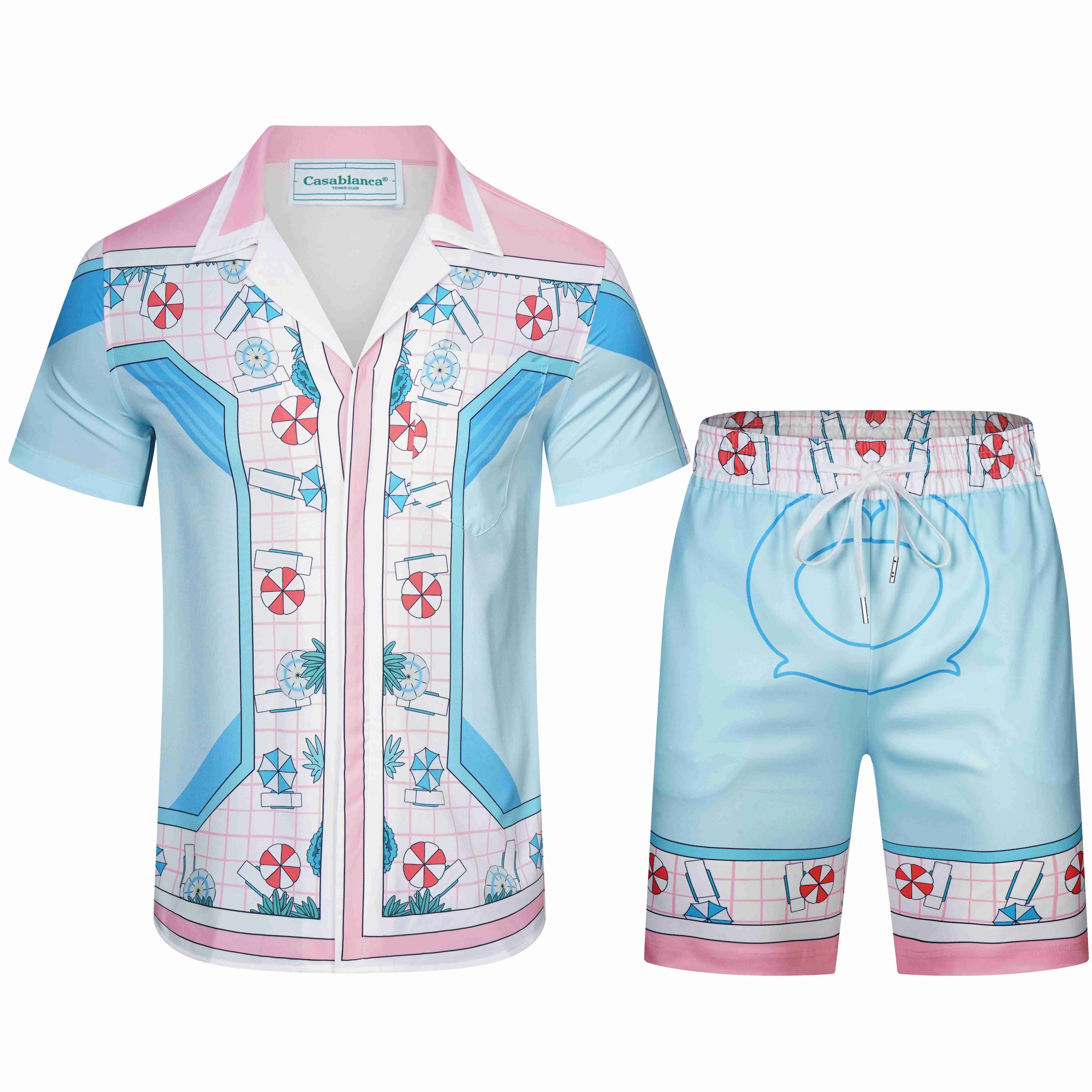 

23 early spring and summer new Casablancas floral racket letter print short-sleeved shirt suit for men and women trend loose