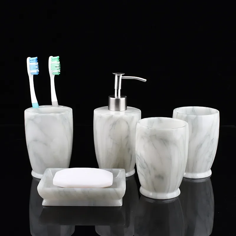 

Creative Bathroom Accessories Set 5pcs Resin Bath Organizer Set Marble Design Lotion Bottle Tumbler Toothbrush Holder Soap Dish