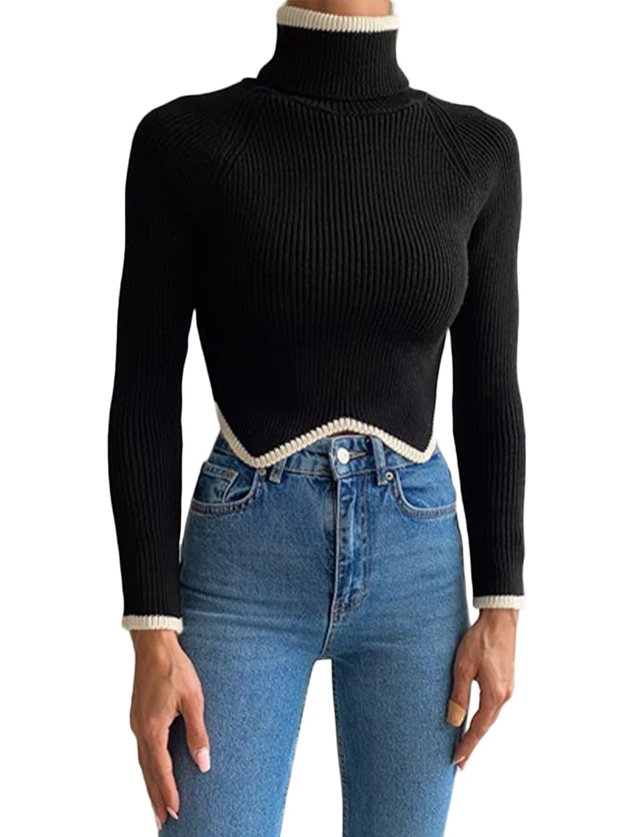 

Women Sweater Knit Pullover Long Sleeve Turtleneck Contrast Color Irregular Hem Crop Top