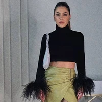 women long sleeve t shirts with ostrich feather summer black crop top fashion 2022 turtleneck t shirts female feather tee shirt