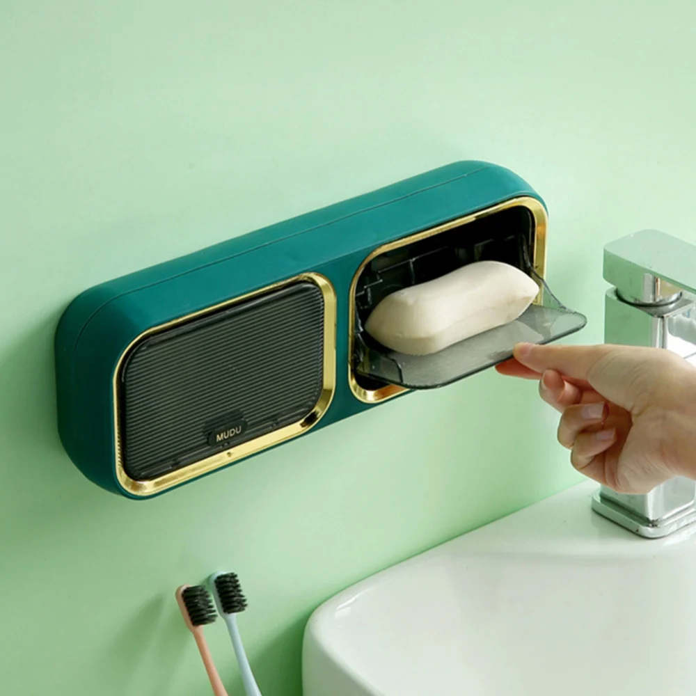 

1/2 Grid New PP Hollow Soap Box With Lid Wall Mounted Drain Storage Case Holder Scrubber Organizer For Kitchen Bathroom