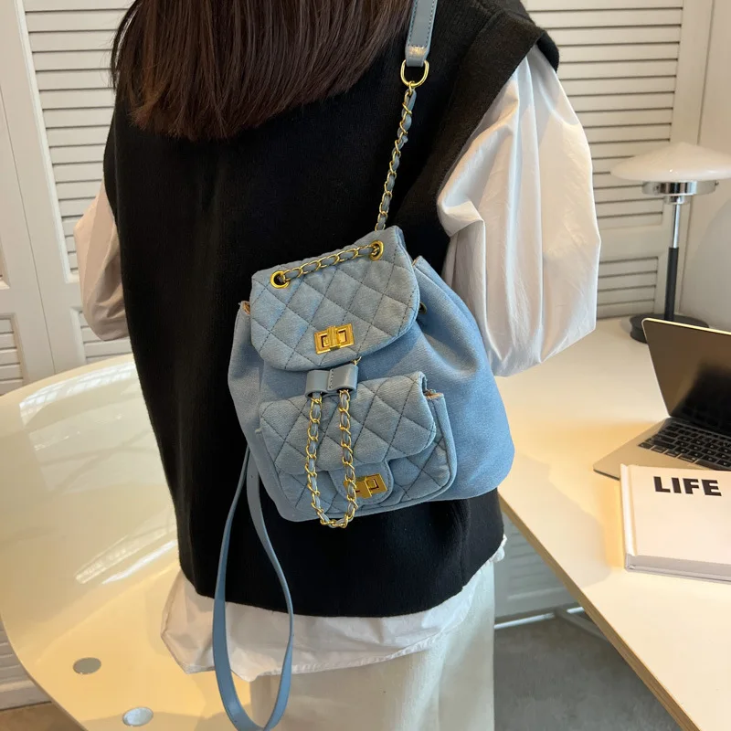 

Denim, female, 2023 new style, fashionable and versatile in summer, leisure backpack with rhomboid small back