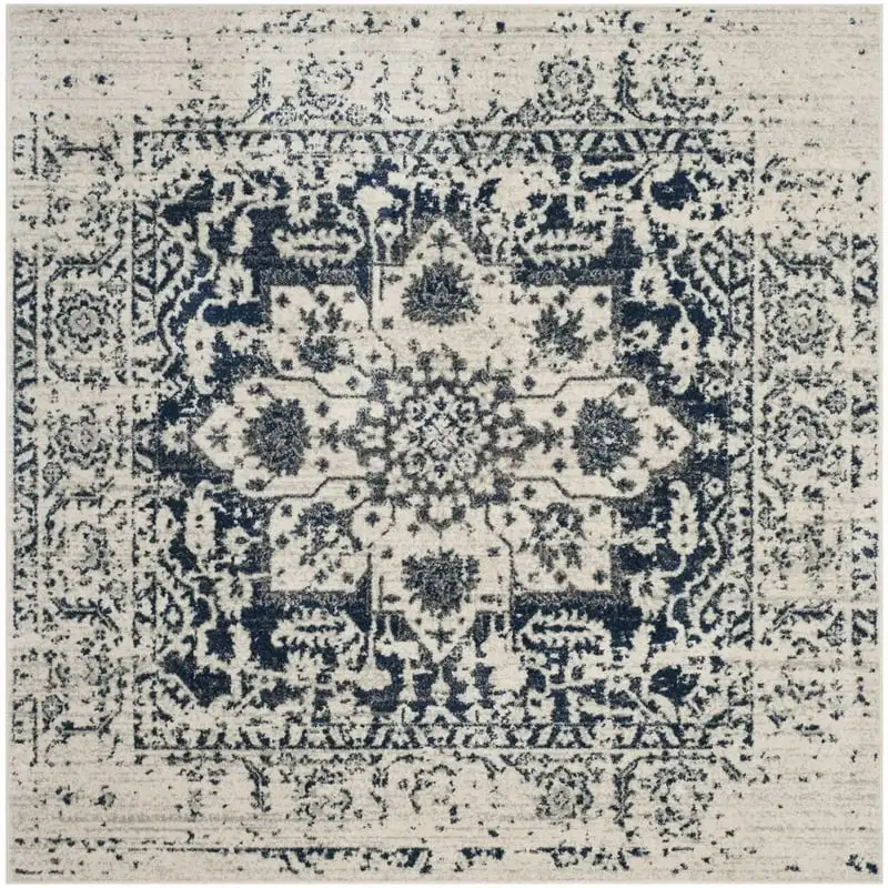 

Traditional Area Rug, Cream/Navy, 11' x 11' Square