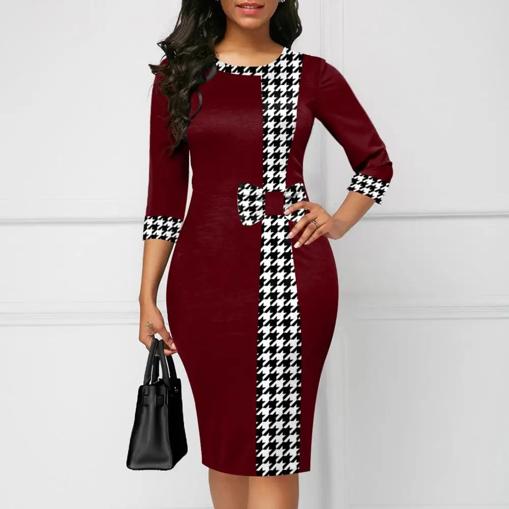 

O Neck Casual Summer Women's Dresses Bodycon Womans Clothing Fashion 2022 Houndstooth Print Splic OL Outfits Elegant Spring New