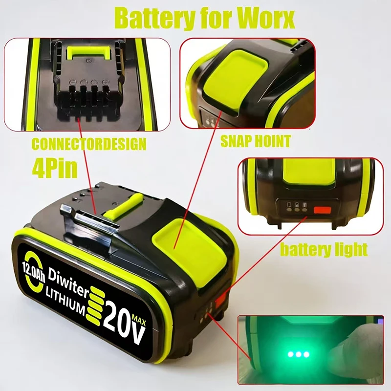 Фото Сменный аккумулятор WORX 20V, совместимый с WA3551, WG630, WG629, WX372 и т.д. Зеленый аккумулятор для электроинструментов с 4-контактным разъемом. №2