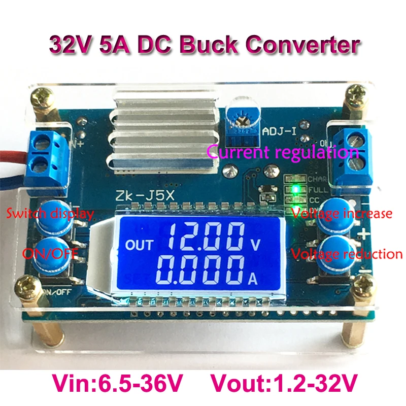 

CC CV DC 6.5-36V to 1.2-32V 5A 75W Step Down Buck Converter Power Supply Module Voltage Regulator Transformer with Case Heatsink