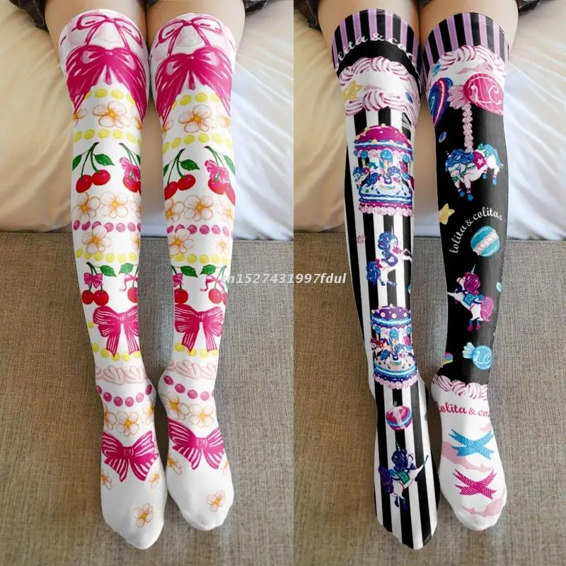 Асимметричные женские чулки выше колена в стиле лолита с мультяшным принтом |