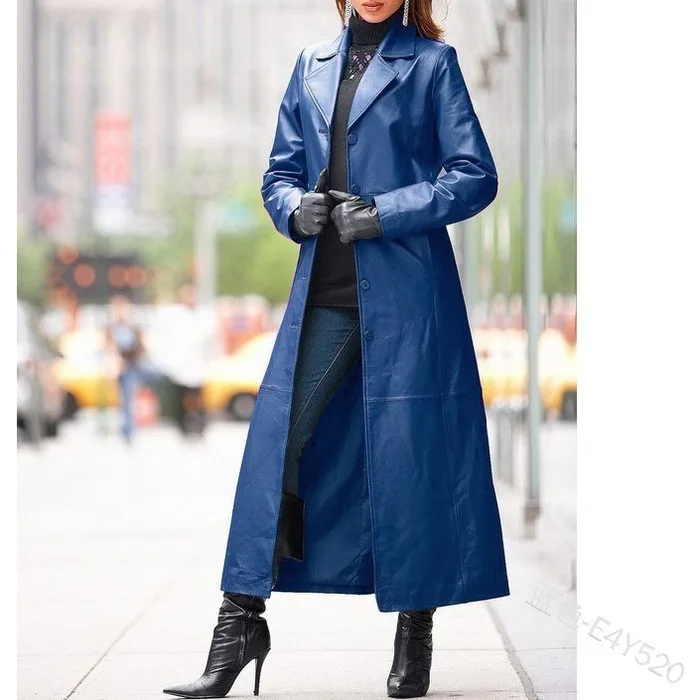 Women's Button Leather Coat Long Coat Slim Fitting Leather Coat X Long Leather  Jackets for Women 2022  Ankle Length clothes