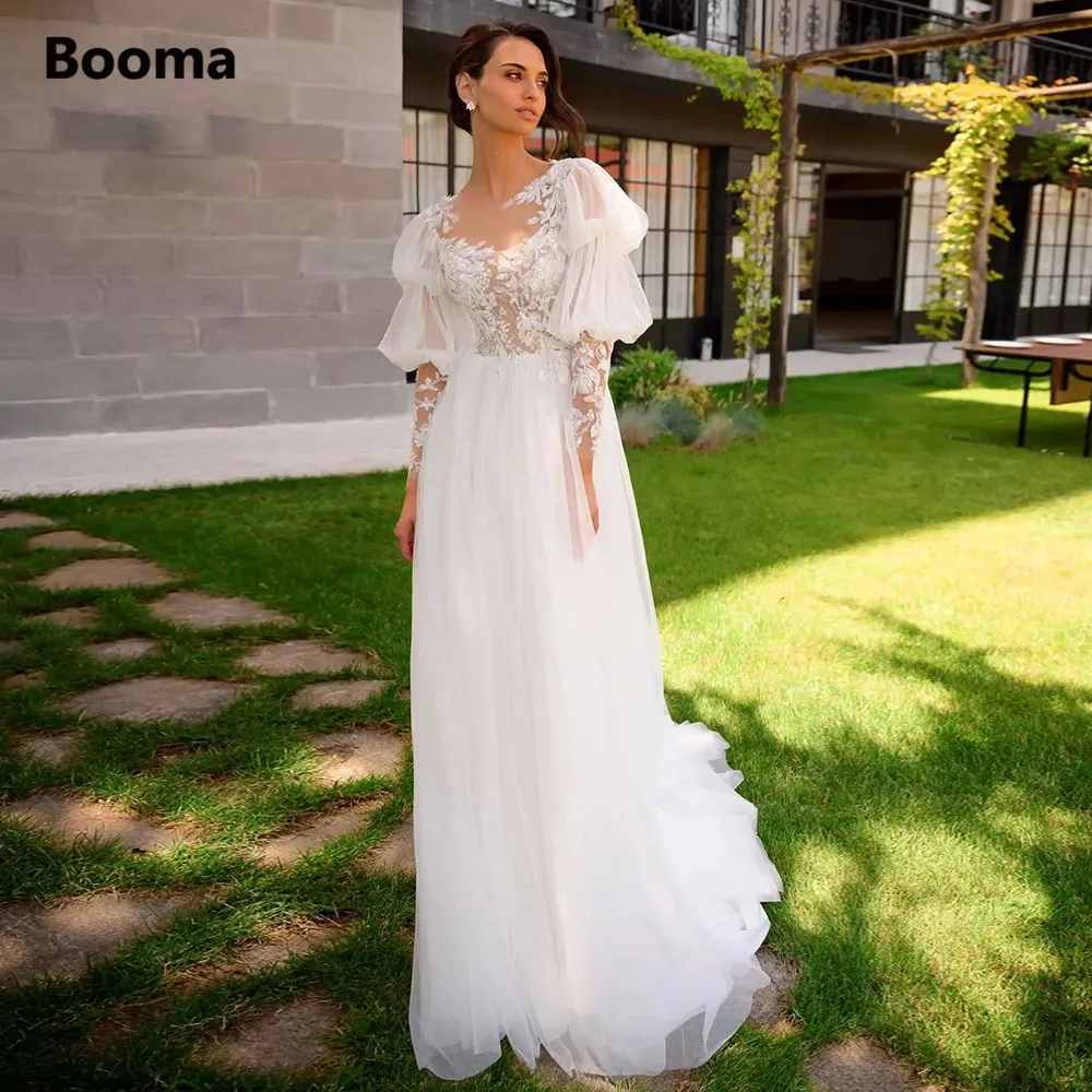 

Booma Elegant Scoop Sheer Neckline A-Line Wedding Dresses Long Puff Sleeves Lace Appliques Illusion Tulle Beach Bridal Gowns