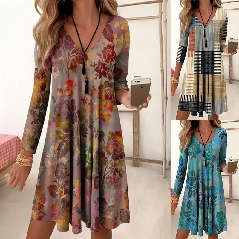 

Autumn and Winter Women's V-neck High-waisted Retro Gradient Colour Printing Nine-minute Sleeve Female Casual Loose Dresses