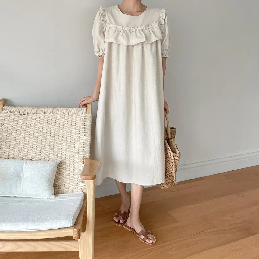 

2022 Summer simple round neck ruffled stitching loose mid-length casual thin short-sleeved dress women