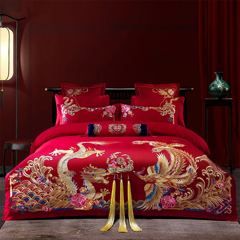 

Chinese Style Luxury Wedding Bedding Set Egyptian Cotton Gold Loong Phoenix Embroidery Tassels Duvet Cover Bed Sheet Pillowcases