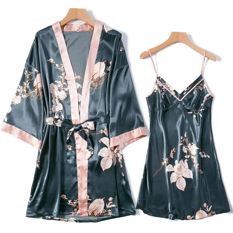 Women's Sleepwear 2 Pcs Sets Satin Silk Sleepwear Long Sleeve Robe Nightgown and Sling Sleep Dress Pajamas Set