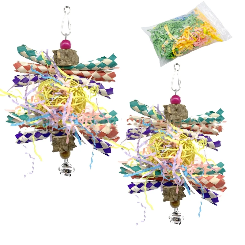 

3Pcs Bird Parrot Shredding Toy Hanging Cage Foraging Vine Paper Chew Rattan Ball Bell Toys Relieve Boredom Parrot Cockatoo