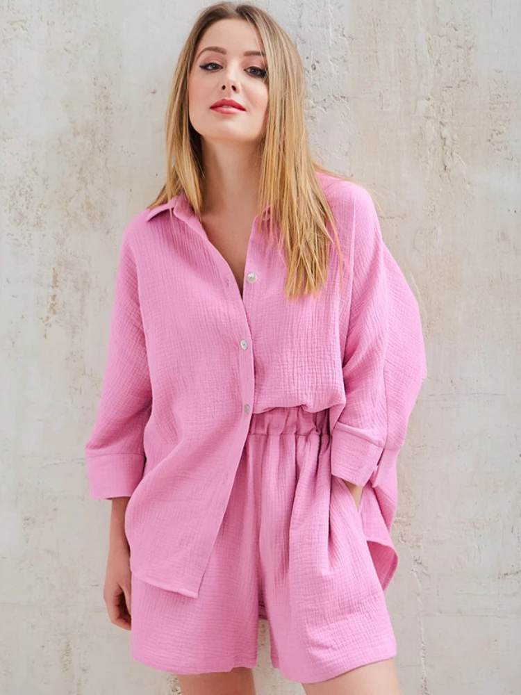 

2023 Summer Long Sleeved Shorts Two Piece Set Thin Casual Pure Cotton Home Furnishings Sleepwear for Women Costume Femme