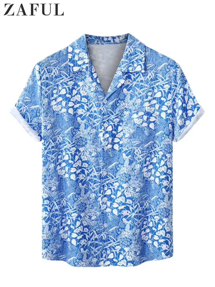 

ZAFUL Short Sleeves Shirts for Men Lapel Leaf Plant Print Vacation Hawaii Style Blouses Summer Beach Loose Tops Z5083532