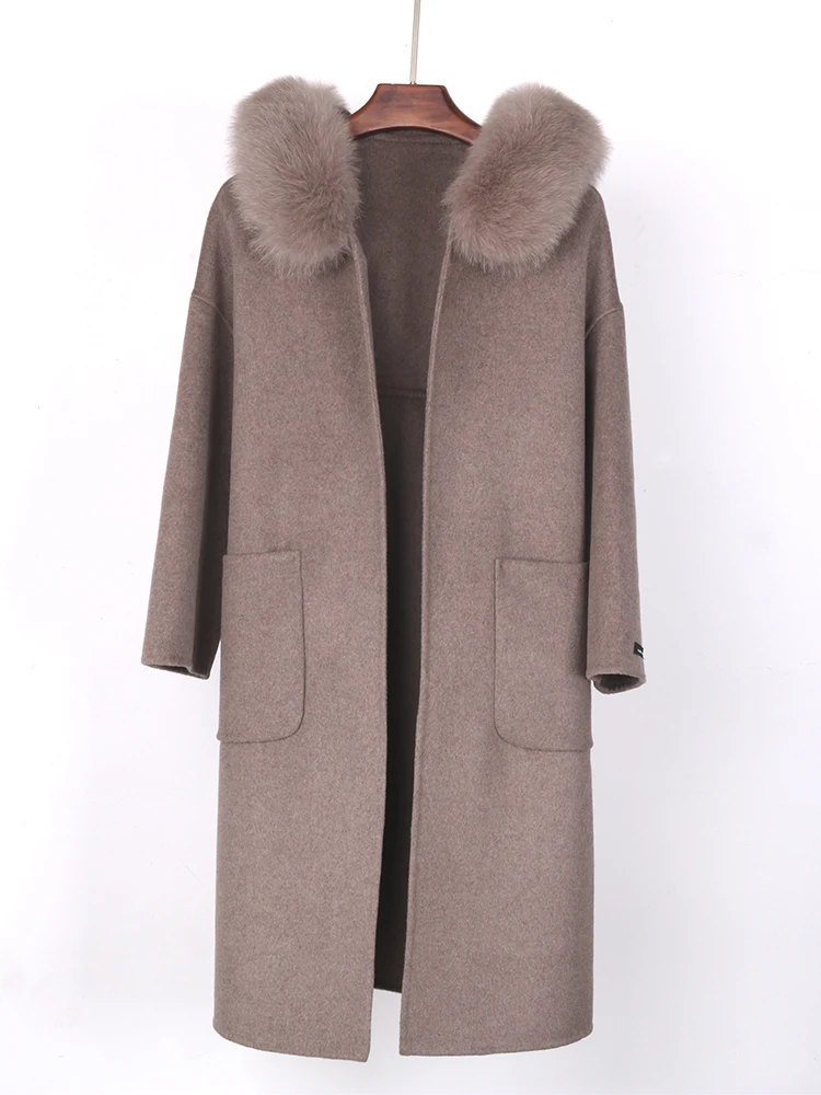 FURYOUME Winter Jacket Women Real Fur Coat Natural Fox Fur Collar Hooded Overcoat Cashmere Wool Blends Oversize Lady Outerwear