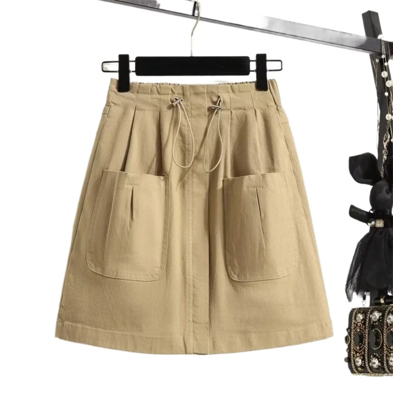 

Women's L-5XL Solid Color Black Khaki Mini Skirts Ladies' Elastic Waist A-line Female Elegant Spring Summer Skirts