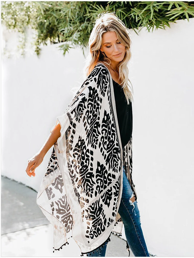 

Bikini Cover-Ups Women summer Boho Cardigan Casual Long Pareo Female Beach Swim Cover Up Suit Retro Print Loose Short Sleeve Top