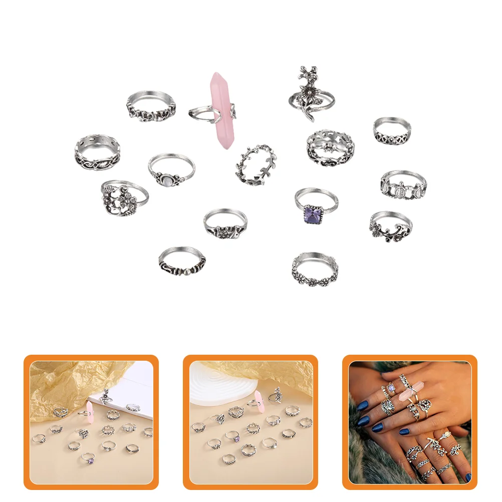 

15 Pcs Gemstone Flower Ring Crystal Sets Knuckle Rings Joint Stackable Girl Women