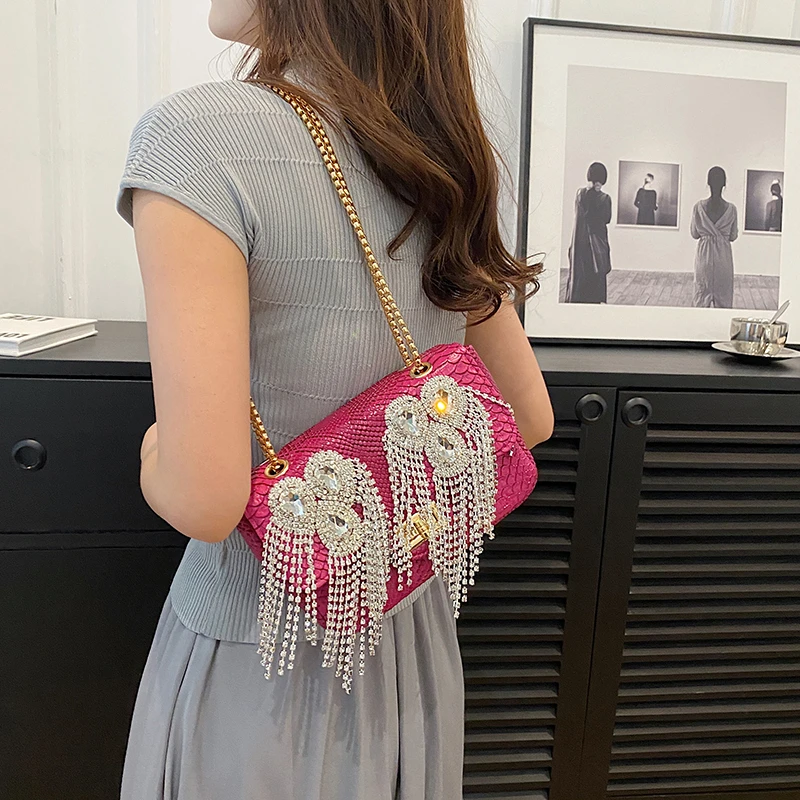 Sparkle Diamond Women's Bag 2023 New Tassel Square Evening Handbag Woman Leather Chain Luxury Party Fashion Shoulder Bag Ladies