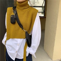 womens 2021 sweet and fashionable layered high neck tie knitted turtleneck sweater vest retro high neck sleeveless korean style