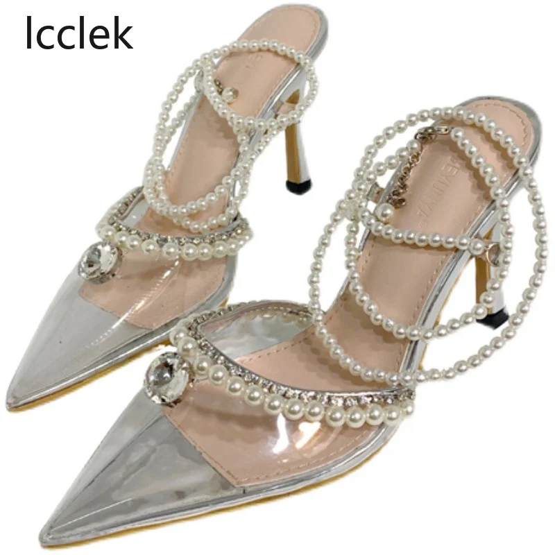 Luxury Rhinestones Pearls Women Pumps Fashion Transparent PVC Ankle strap Sexy Party High heels Spring Summer Wedding Prom Shoes