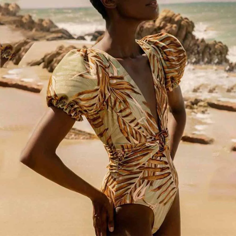 

Deep V Neck Printed One Piece Swimsuit Slim Sexy Backless Bikini Short Puff Sleeves Elegant Beachwear Fashion Women Swimwear