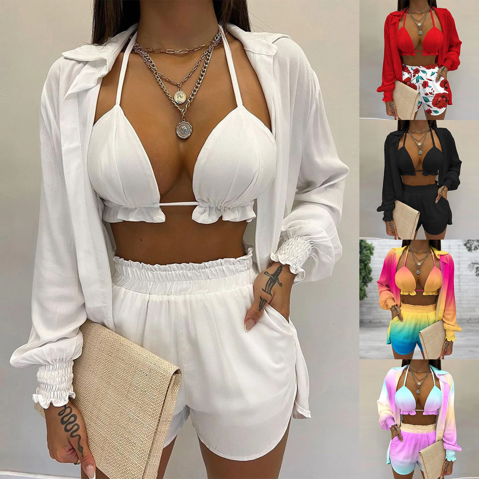 

Women Sexy Bra Shirt Shorts Set Solid Color Print Summer Shorts Suit 3 Piece Sets Fashion Casual Pleated Beach Holiday New 2023