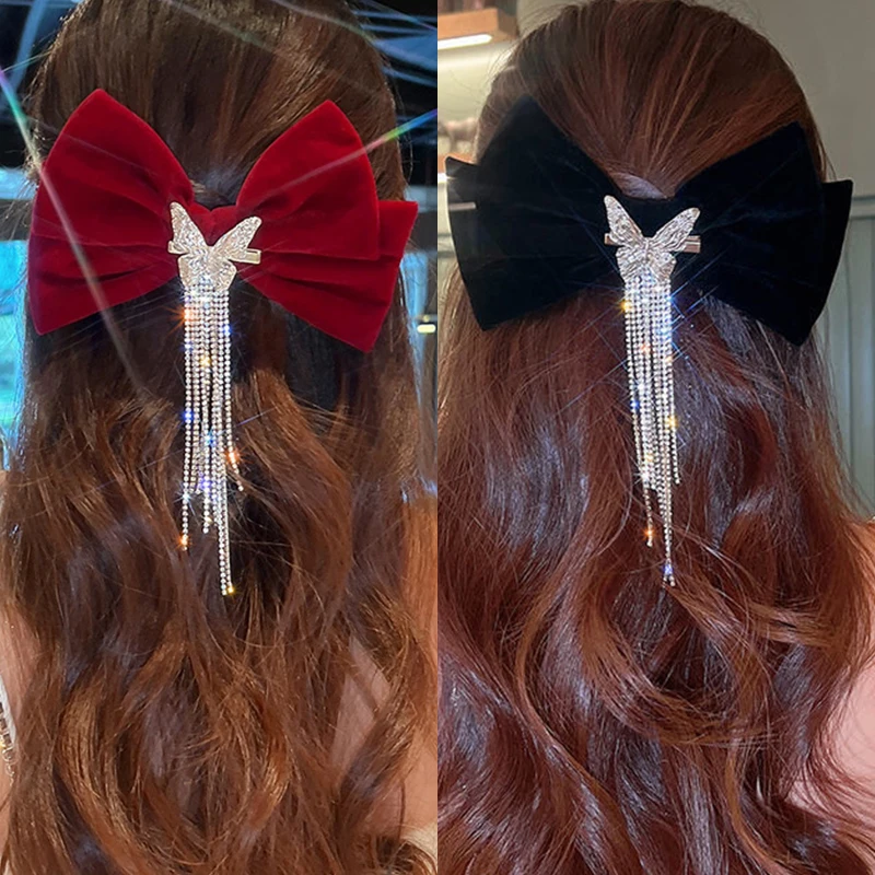 

New Velvet Big Bows Headband Vintage Large Bow Hair Clip For Women Girls Butterfly Long Tassel Hairpins Wedding Hair Accessories