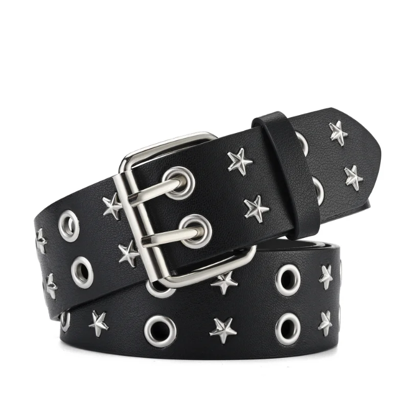 New Fashion Star Rivet Belt Double Pin Buckle Goth Style Man Woman Rock Casual Punk Style Pu Leather Waistband Jeans Accessories