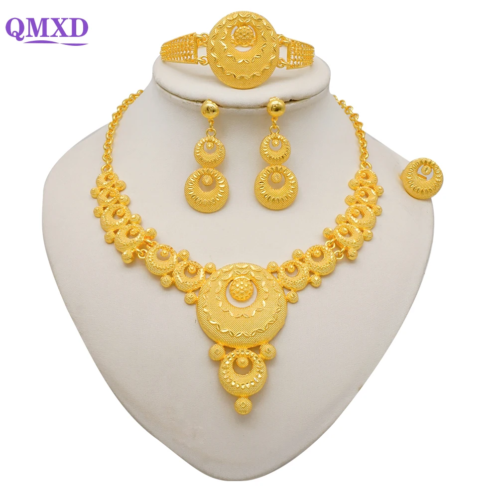 

Dubai Gold Color Jewelry Sets For Women African India Party Wedding Gifts Necklace Bracelet Earrings Ring Jewellery