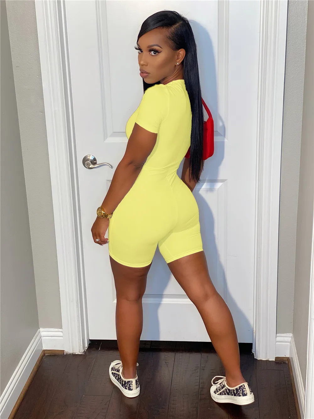 10 Pcs Bulk Women Bodycon Rompers Solid Short Sleeve Bodysuit 2023 Summer Casual Zipper Playsuits Sports Clothing Wholesale 9366