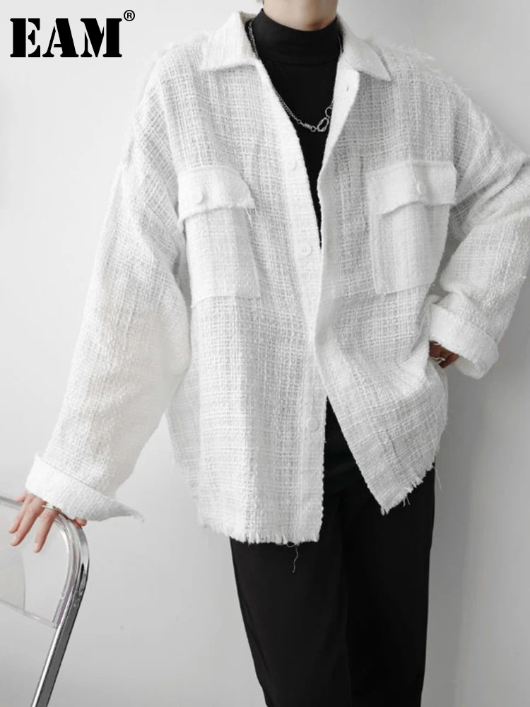 

[EAM] Women White Pocket Elegant Big Size Blouse New Lapel Long Sleeve Loose Fit Shirt Fashion Tide Spring Autumn 2023 1DF0858
