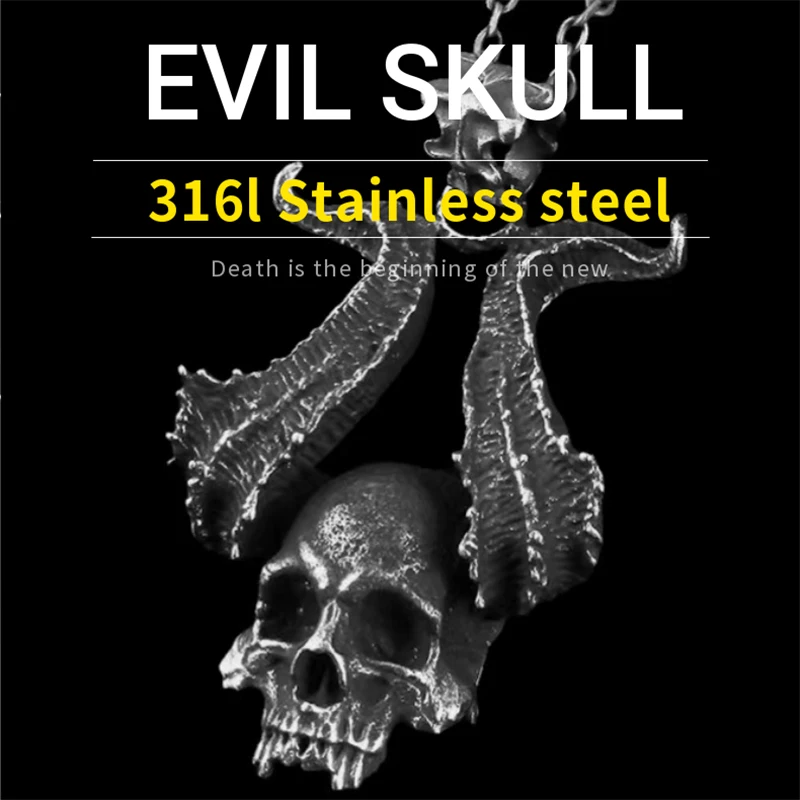 

Freeshipping Charms Pendent Evil Skull Pendant Necklace Men's Fashion Biker Rock Punk Jewelry Antique Retro Chain Gift
