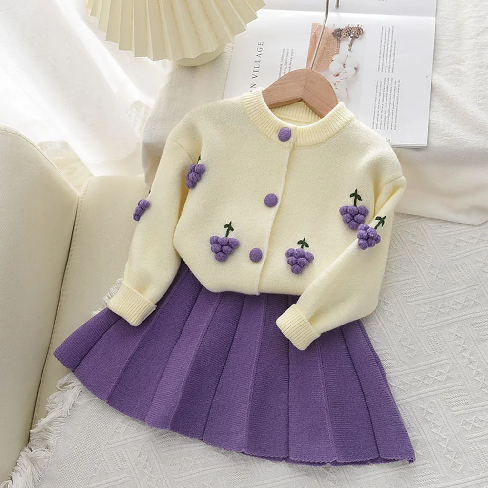

Girls Sweater Set Skirt Spring New Korean Cartoon Fruit Grape Strawberry Girl Baby Cute Sweater 2pcs Clothes Set Cardigan Coat
