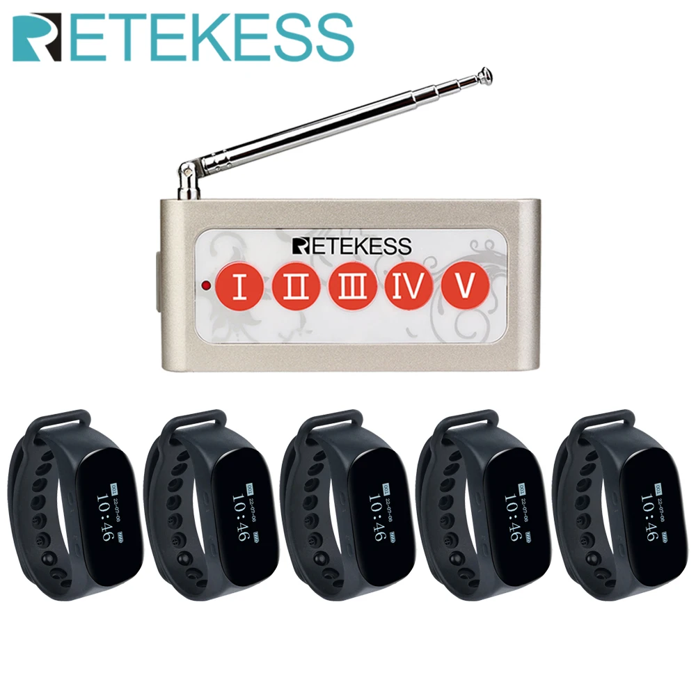 RETEKESS TD155 Wireless Waiter Calling System Restaurant Pager 5 Waterproof Watch Receiver+5-Key Call Button for Kitchen Coffee