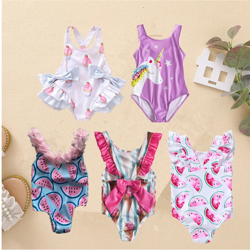 Summer One Piece Girl Swimsuits Baby Bow Ruffle Bathing Bikini Swimwear Toddler Girl Beach Holiday Clothes Kids Swimming Dress