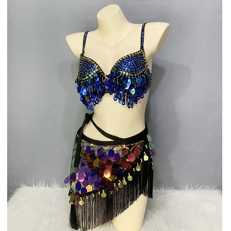 

2022 Woman New Belly Dance Costume Set Beaded Sequins Tassel Bra Hip Scarf 3Pcs Bellydancing Stage Wear N21014