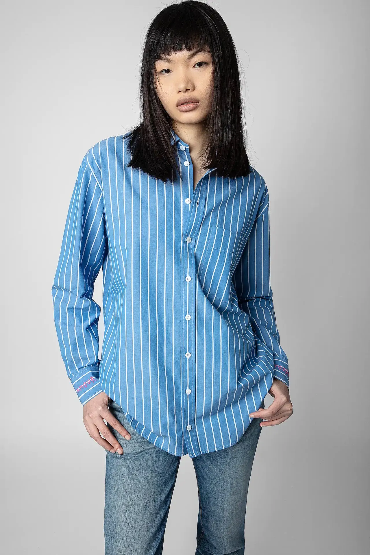 

2023 Spring and Summer New Shirt Blue Striped Button Cardigan