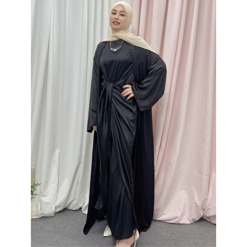 Muslim 2 Piece Abaya Set Wrap Front Long Dress+Kimono Cardigan Islamic Clothing Dubai Turkish Women Modest Matching Outfits