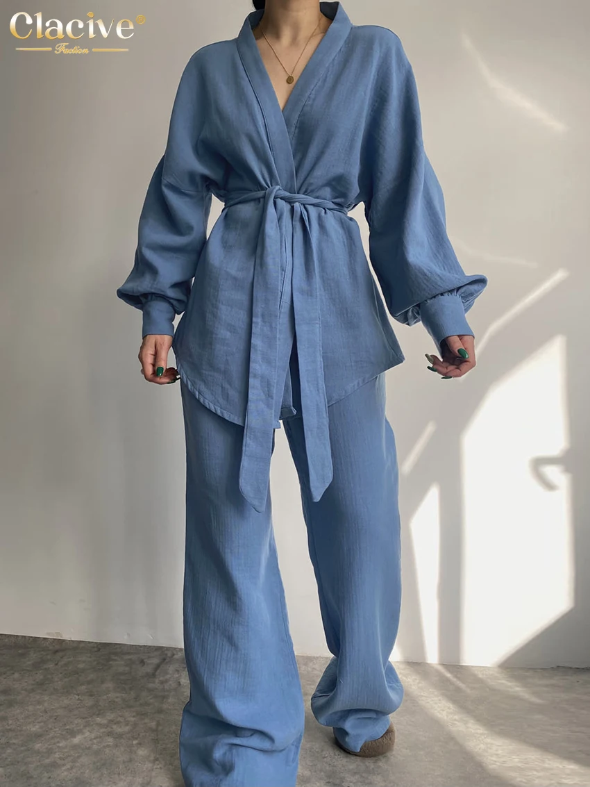 

Clacive Fashion Long Sleeve Shirts Two Piece Sets Womens Outifits Casual Loose Blue Pant Sets Elegant Straight Trousers Suits