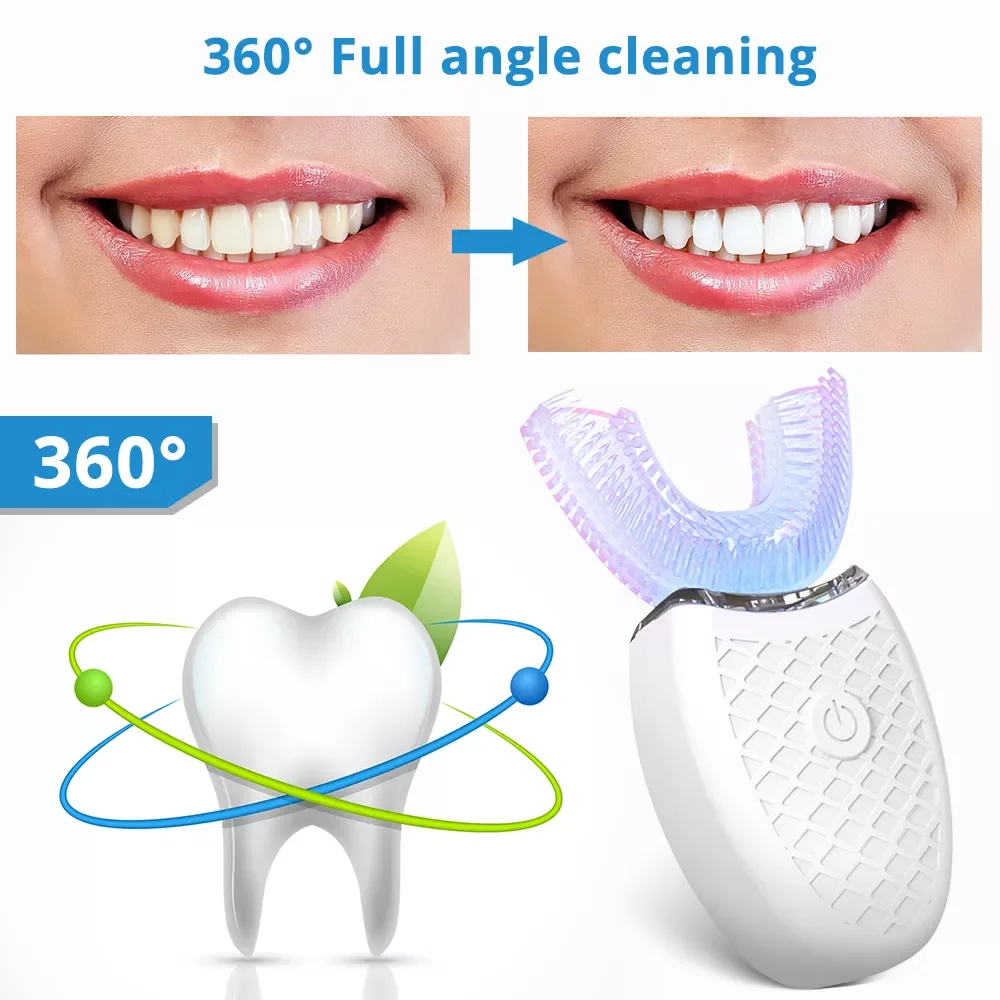 

360 Degree Intelligent Automatic Sonic Electric Toothbrush U Type 3 Modes Tooth Brush USB Charging Tooth Whitening Blue Light