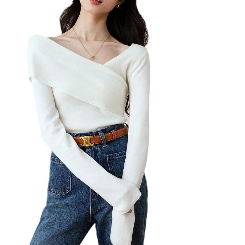 Вязаный топ для похудения во французском стиле с открытыми плечами новинка весны