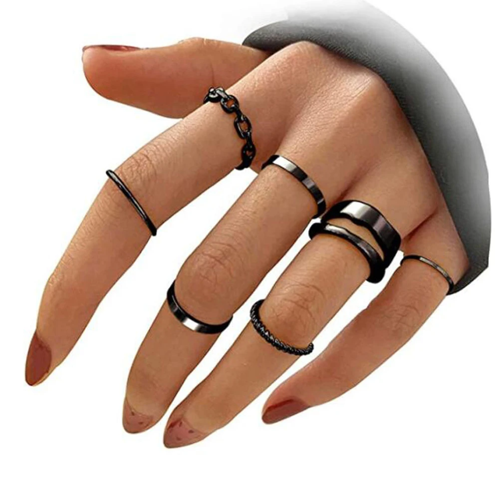 

7pcs Fashion Rings Jewelry Set Metal Hollow Round Women Finger Ring for Girl Lady Party Wedding Gifts Vintage Stackable Rings