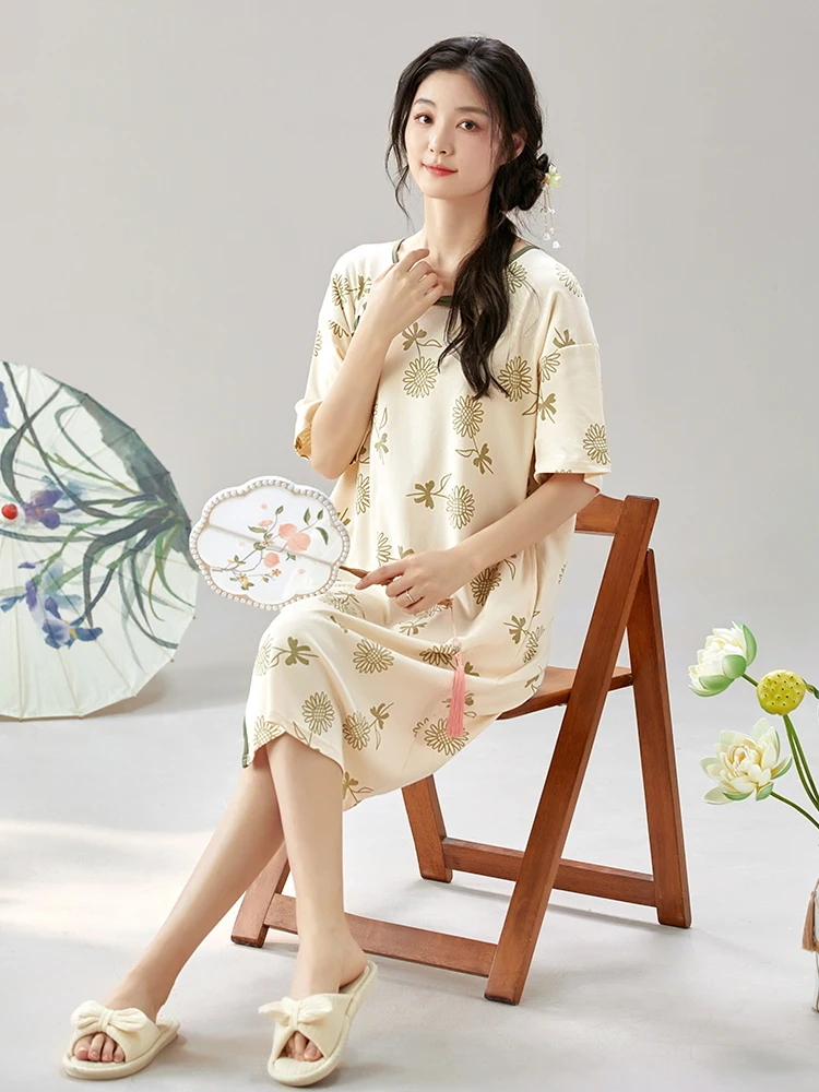 Ночная рубашка женская летняя из чистого хлопка с короткими рукавами в китайском