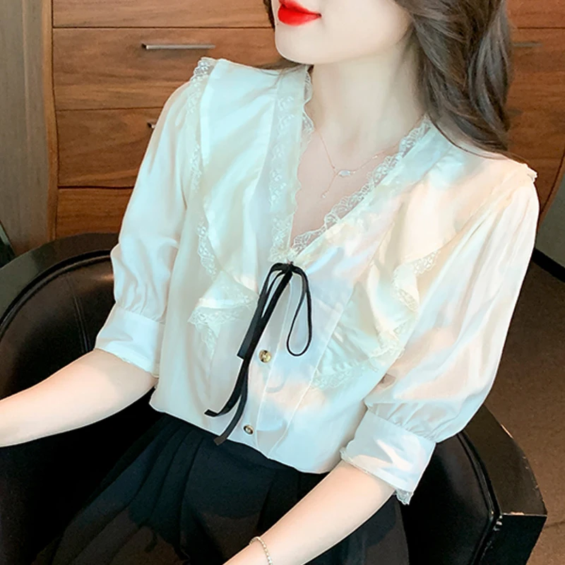 

Spring French Puff Sleeve Blouse for Women Sweet Chiffon V-neck Shirts Casual Solid Ladies Blouse Cute Tops Chemise Femme 24582