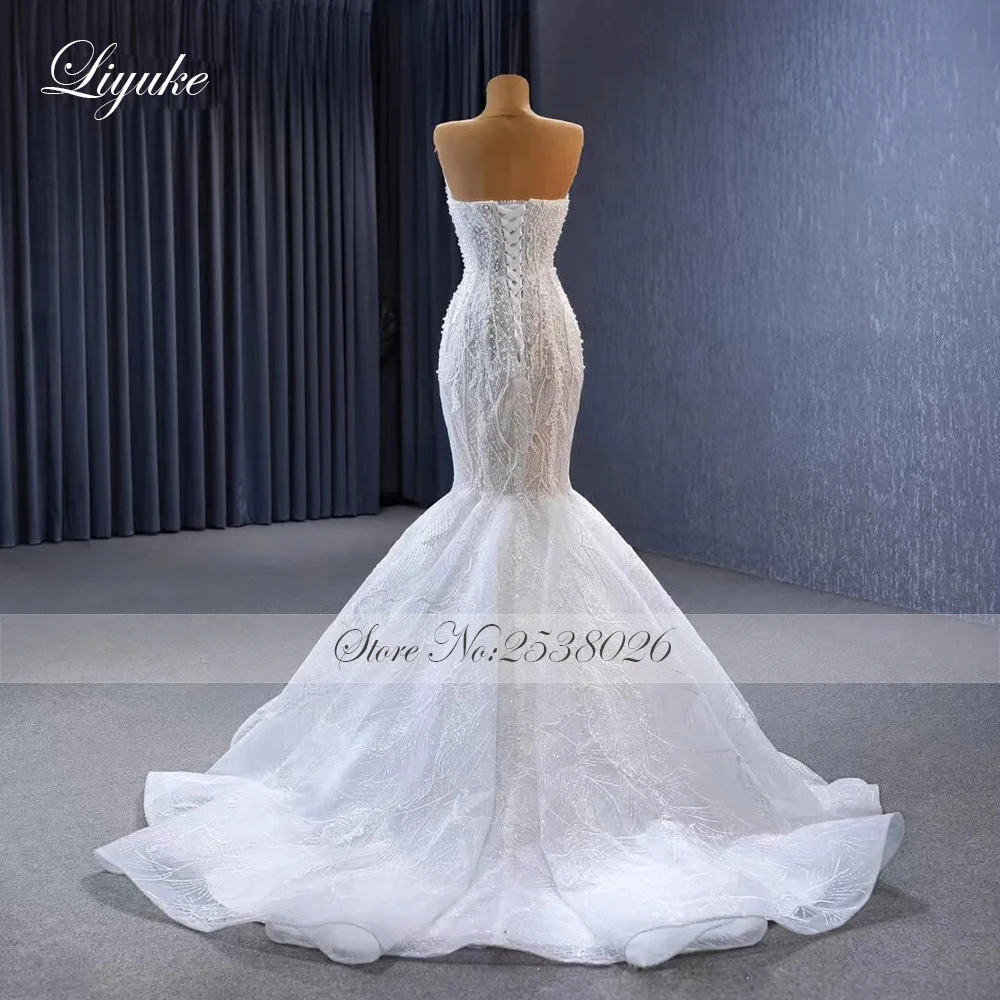 Liyuke Sheer Beading Pearls Sweetheart Mermaid Wedding Dress Uniquisite Lace Off Shoulder Sleeveless Trumpet Gowns