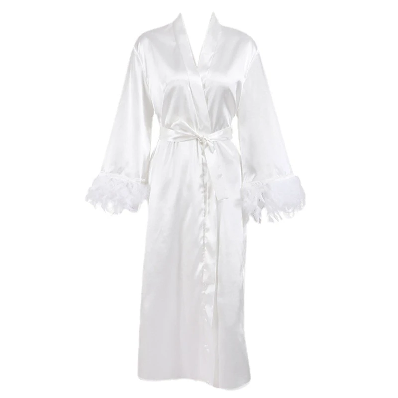 

Womens Satin Bathrobe Feather Cuff Soft Spa Robe Luxury Sleepwear for Women