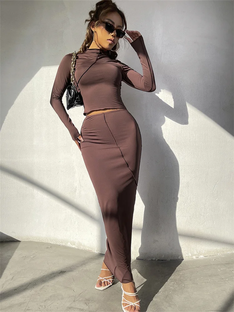 

InGrily Simple Elegant 2 Piece Set Women Skirt Solid Sheath Slim Long Sleeve Top+Bright Line Decoration All-Match Female Skirts
